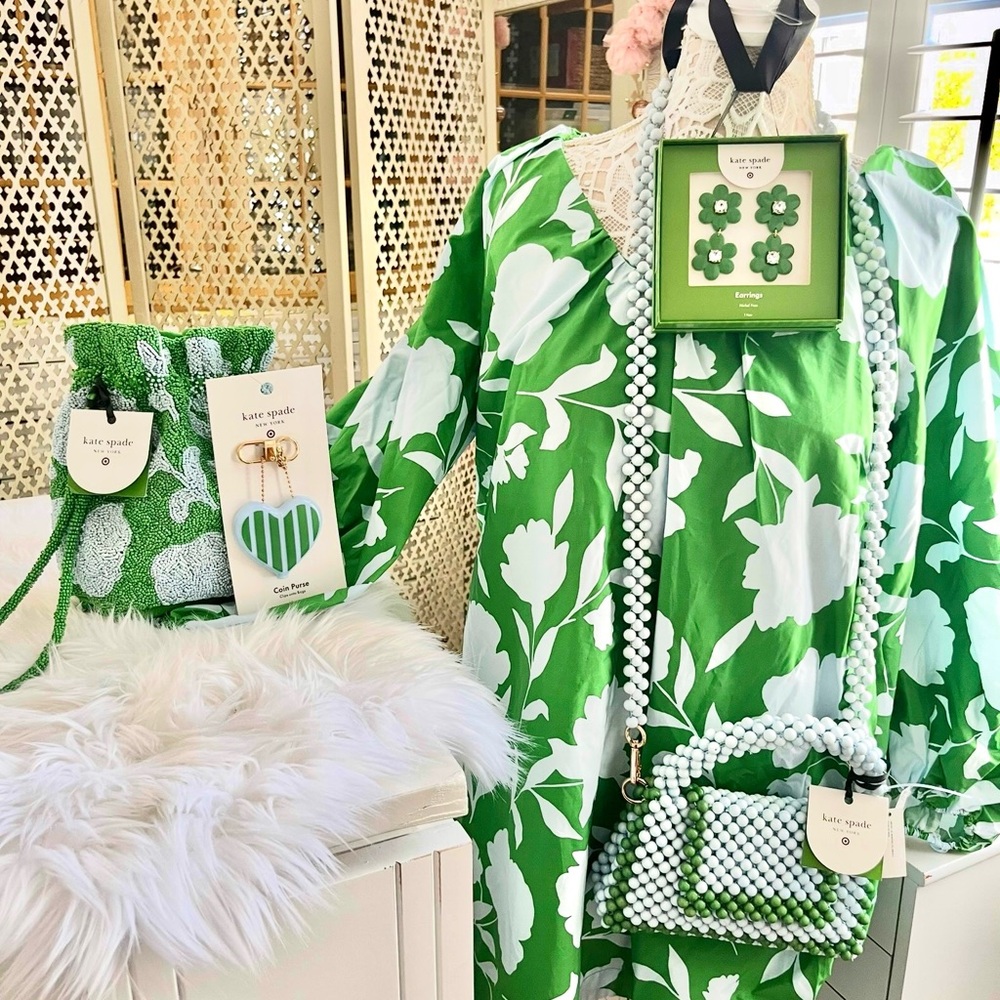 Kate spade x target green outfit dress, purse, earrings, and coin purse